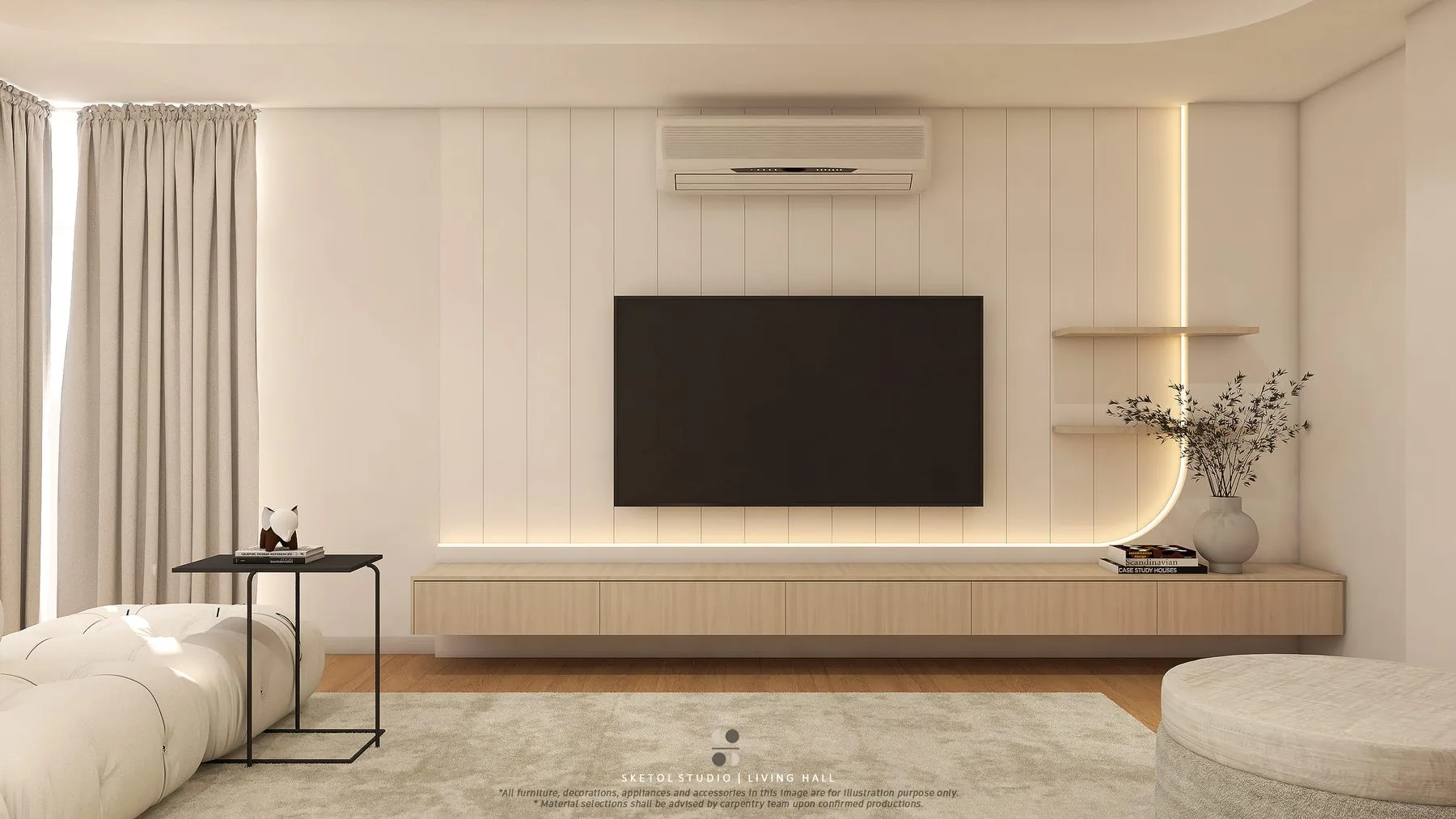 Minimalist TV feature wall with a floating media console and cove lighting — Cabinet Studio