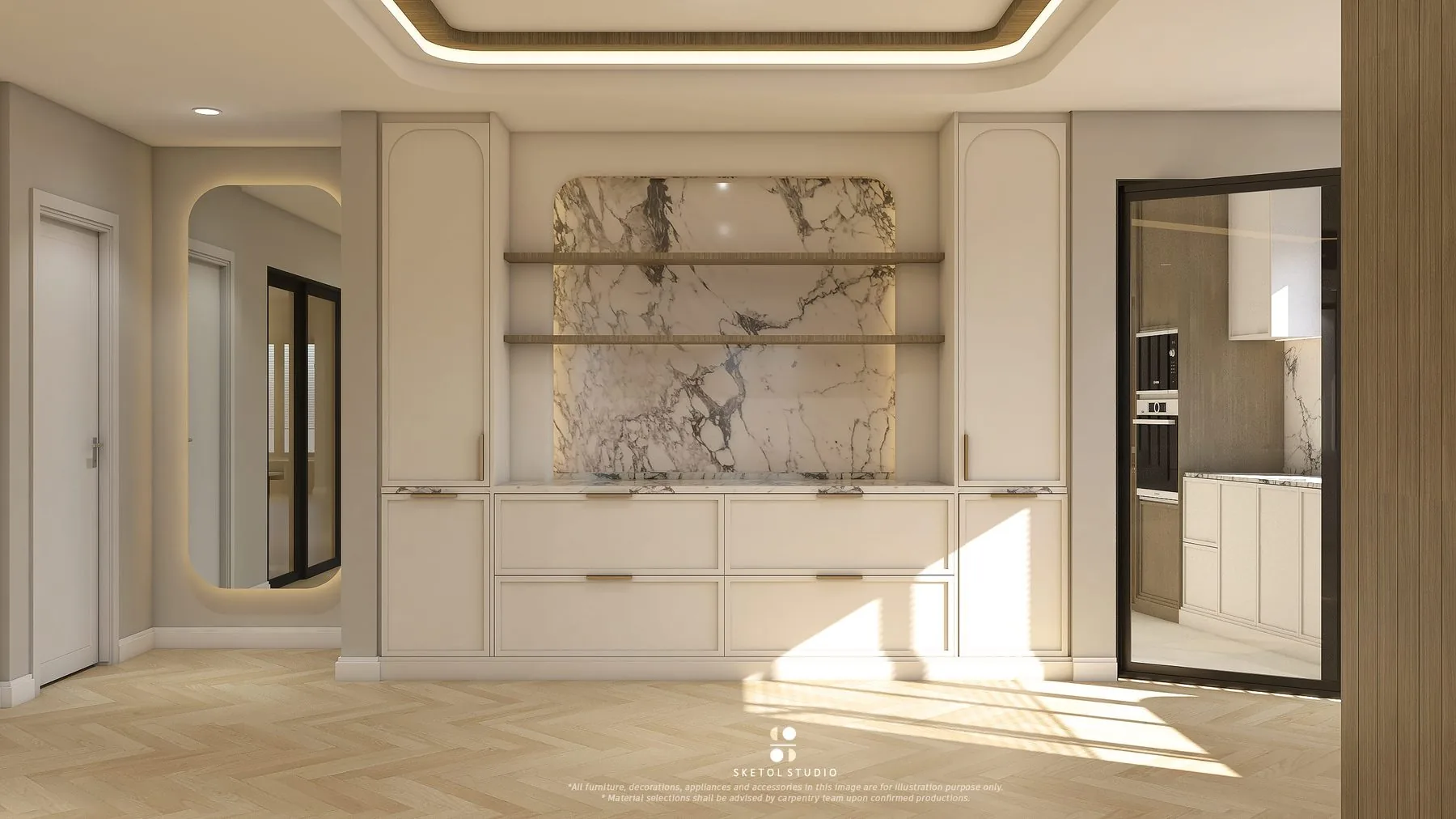 White kitchen with marble backsplash, tall cabinetry and an arched doorway — Cabinet Studio