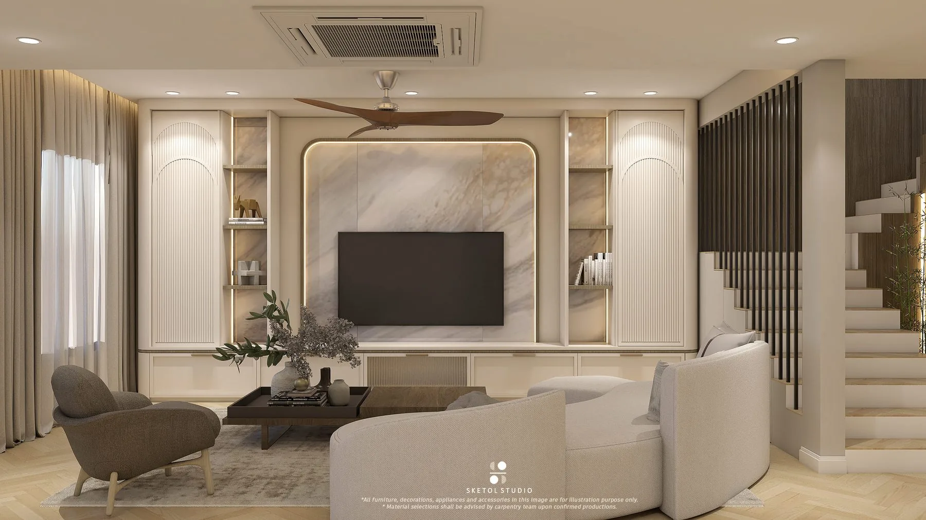 Living room TV feature wall with fluted panelling and integrated shelving — Cabinet Studio