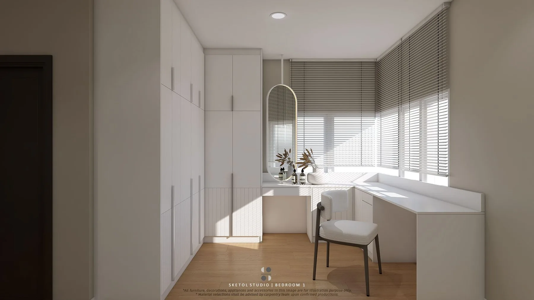 Bedroom dressing area with white wardrobes and an arched vanity niche — Cabinet Studio