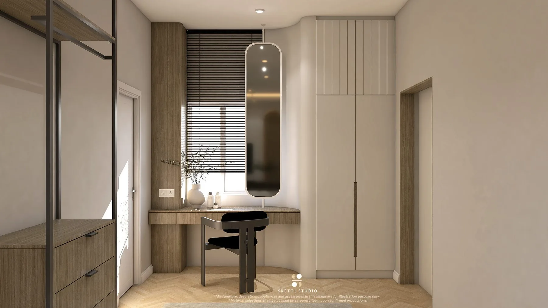 Dressing area with a vanity, mirror and full-height wardrobes — Cabinet Studio