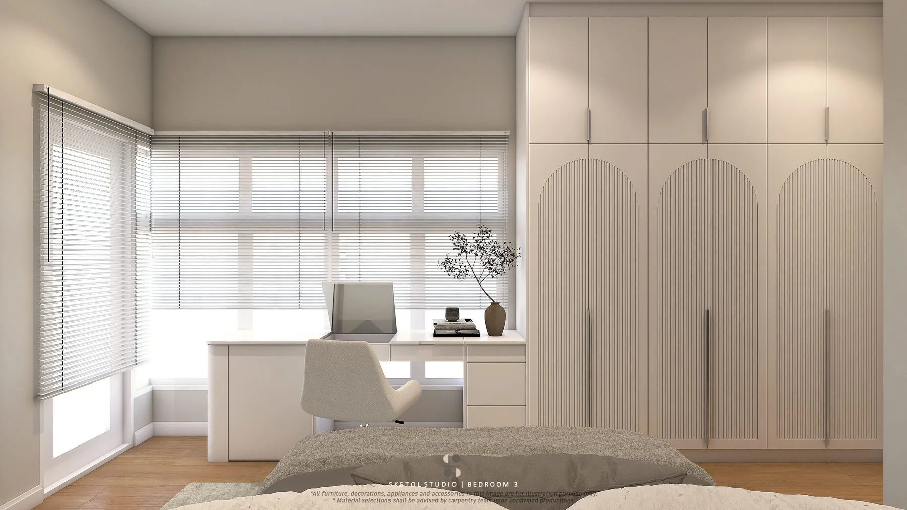 Bedroom with arched-panel wardrobe doors and a study desk by the window — Cabinet Studio