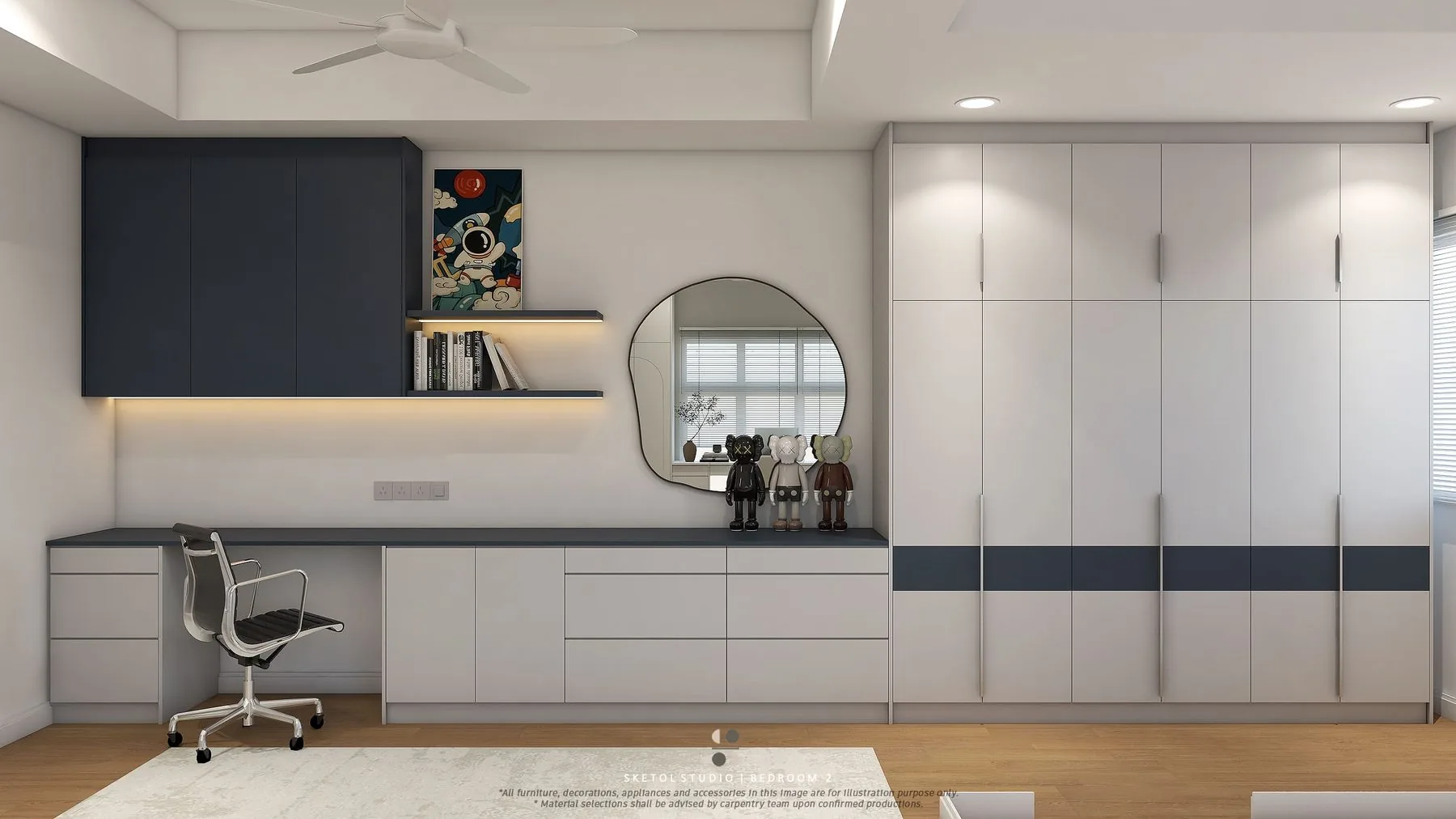 Bedroom with a study desk, round mirror and navy and white wardrobes — Cabinet Studio