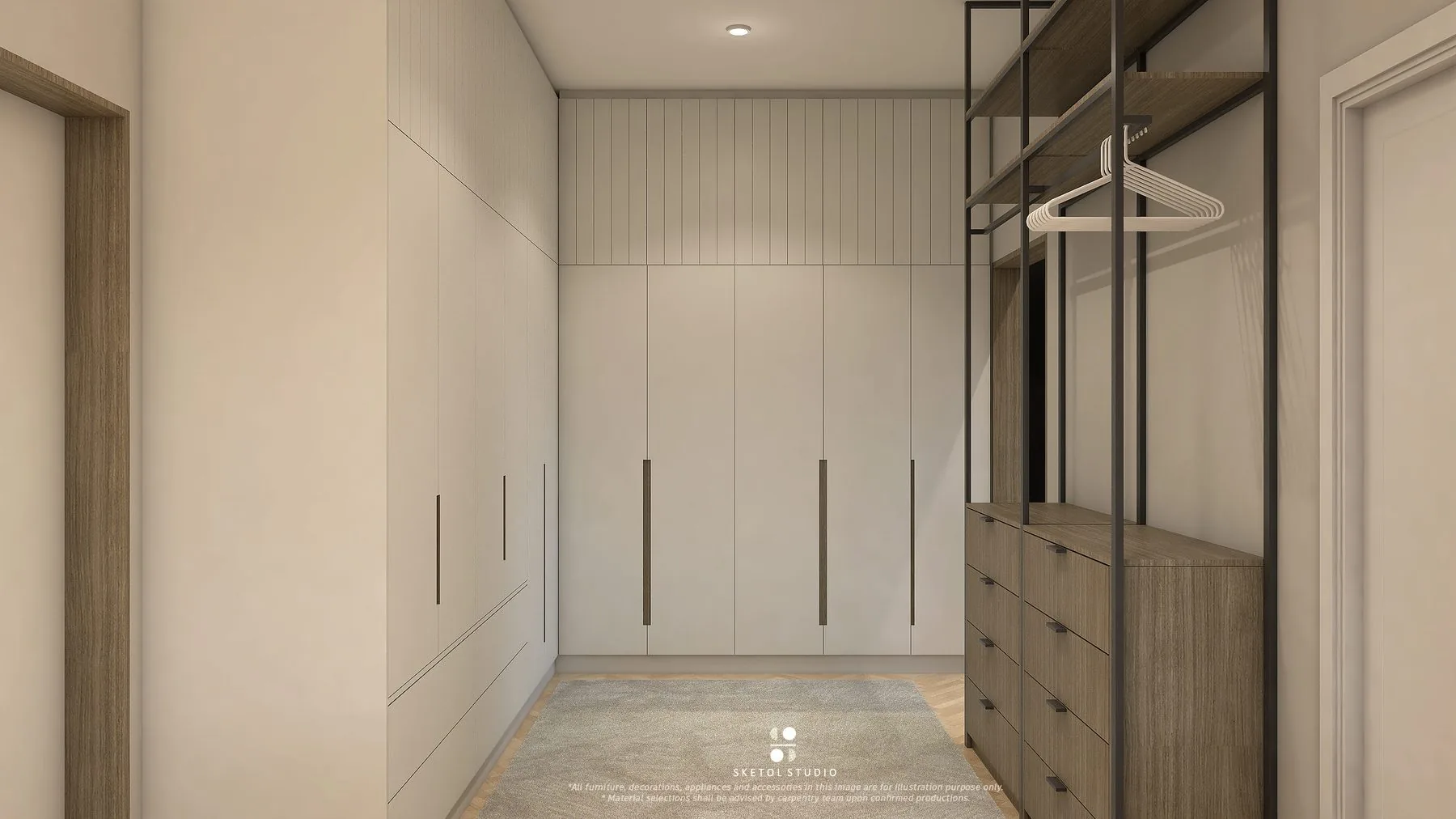 Walk-in wardrobe with open hanging rails and timber drawer units — Cabinet Studio