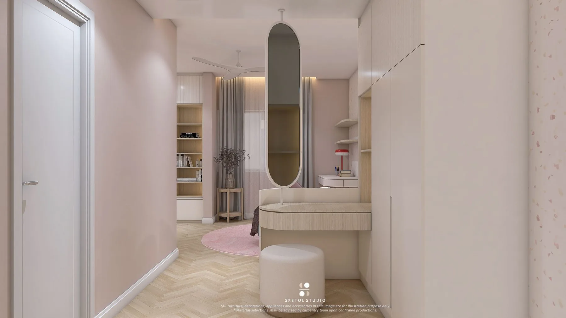 Powder room vanity in soft pink with a full-height mirror — Cabinet Studio